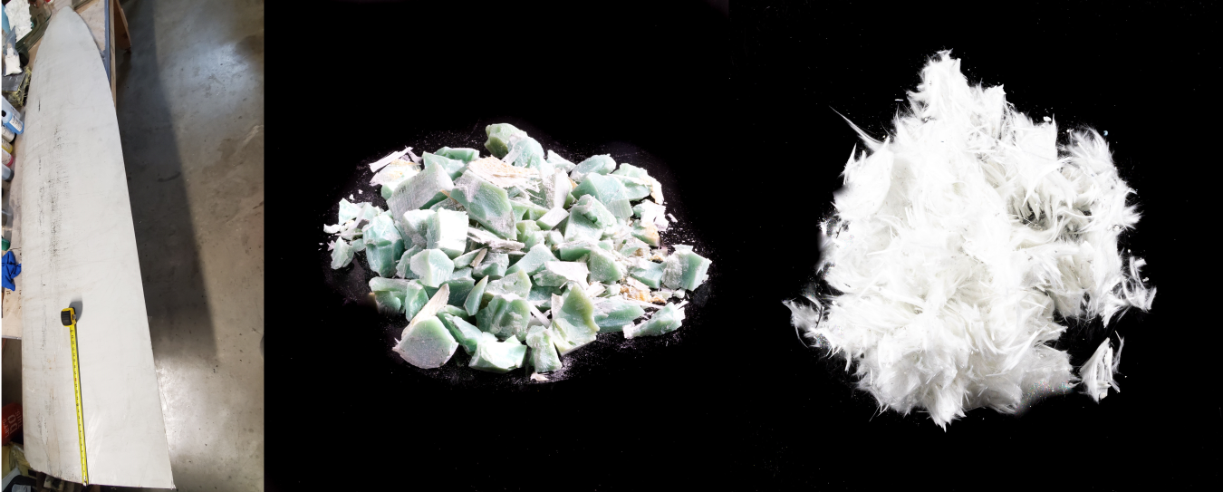 Three photos: a wind turbine blade tip, pieces of blade material, and glass fiber.