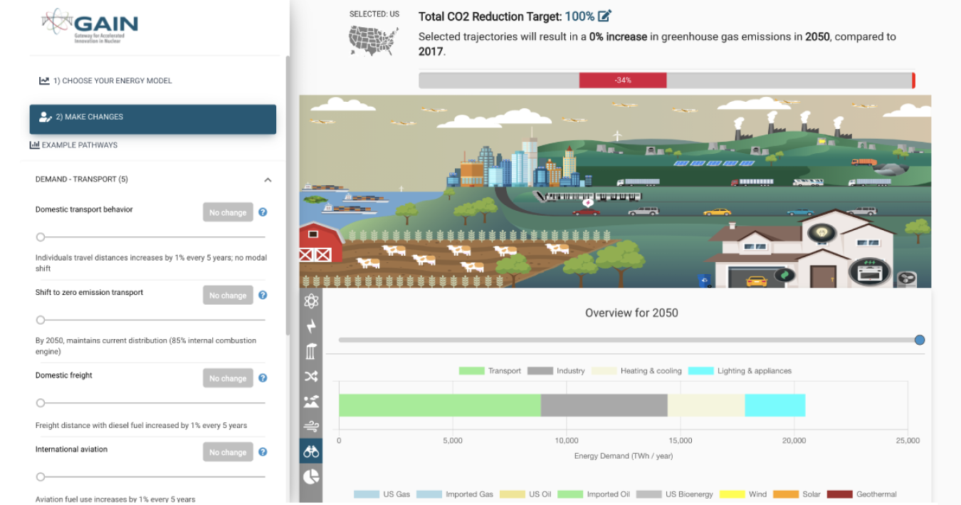 Screenshot of the energy calculator, with a link that leads to the page on the GAIN site, https://gain.ornl.gov/#/