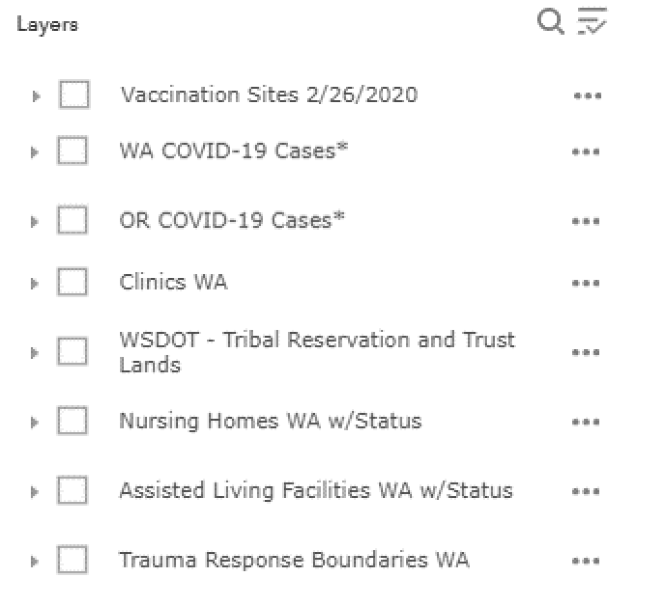 COVID-19 map layers to provide various data.