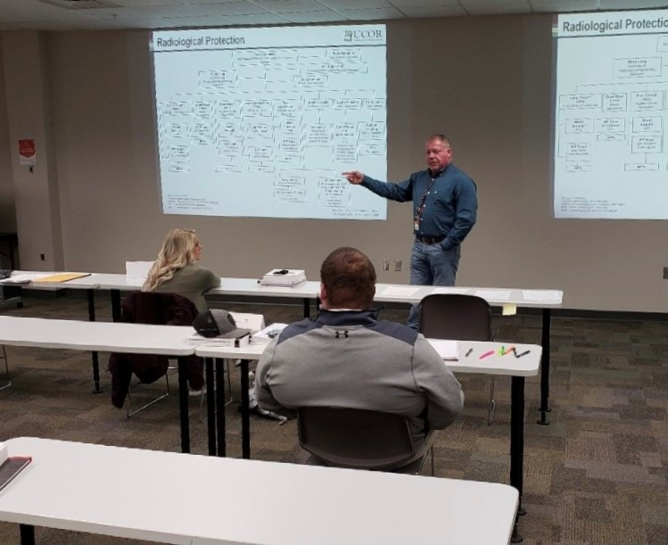 Chris Jones, UCOR training cadre manager, teaches Oak Ridge’s future radiation protection technicians. The 13-week course features classroom, on-the-job, virtual reality, and simulated training environments for students to achieve proficiency.