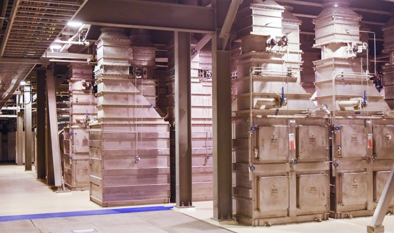 Banks of housings make up the high-efficiency particulate air filtration system inside Hanford’s Analytical Laboratory. Each housing contains four filters.