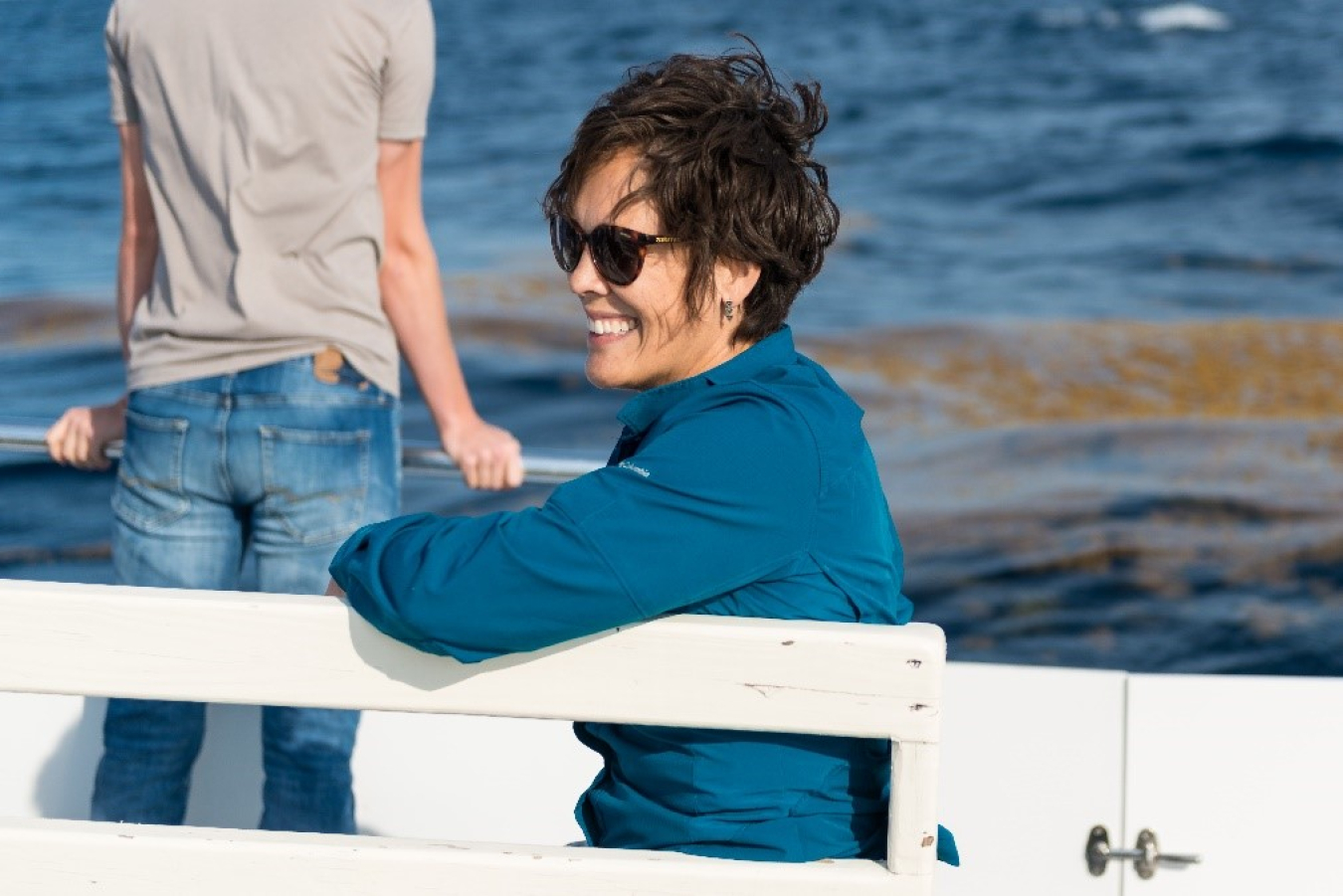 Lindsay Dubbs enjoys a moment on a research vessel en route to the Gulf Stream.