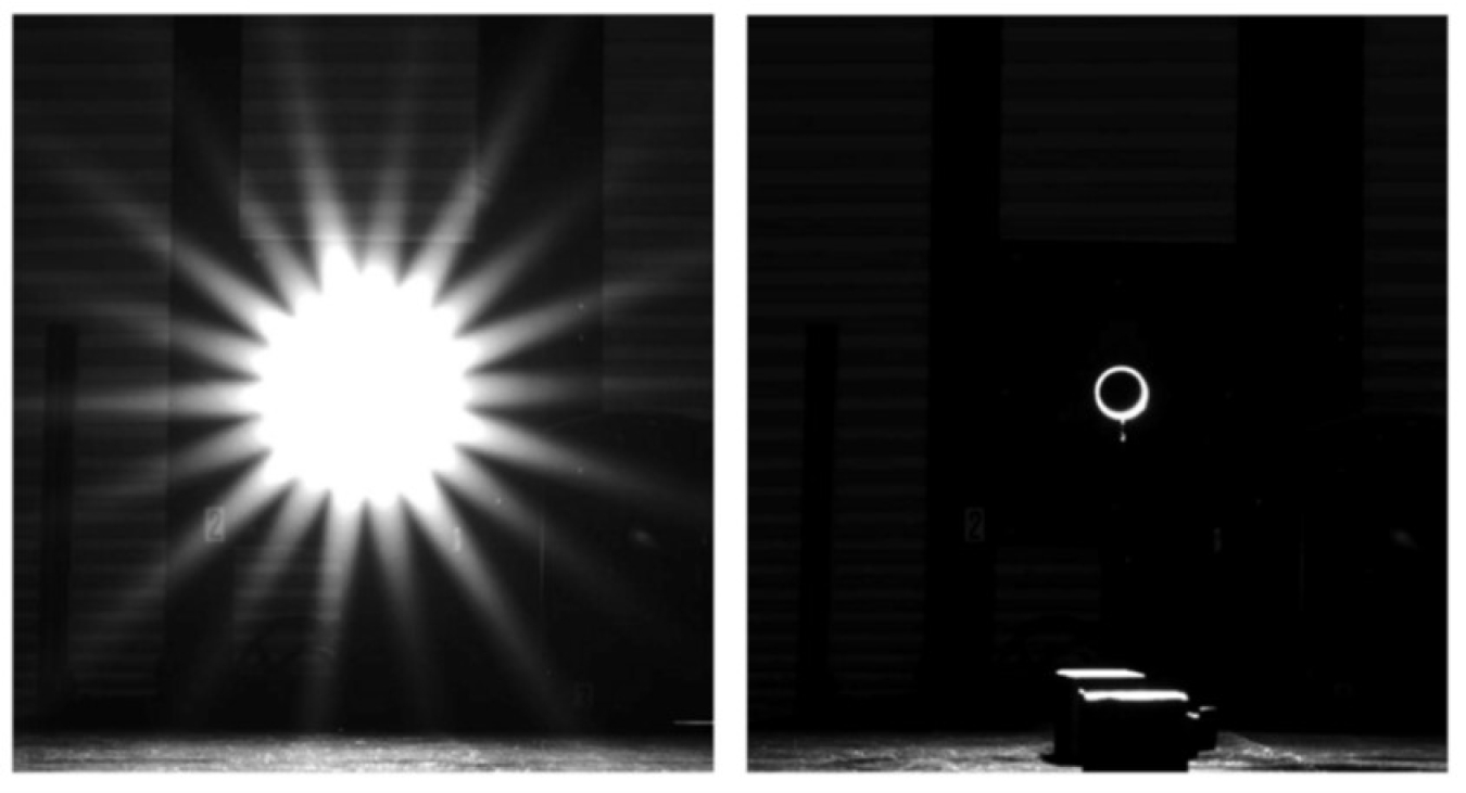 Black-and-white image of a lens flare at left; same image at right, with direct light blocked from camera lens, showing only a white circle against a black background.