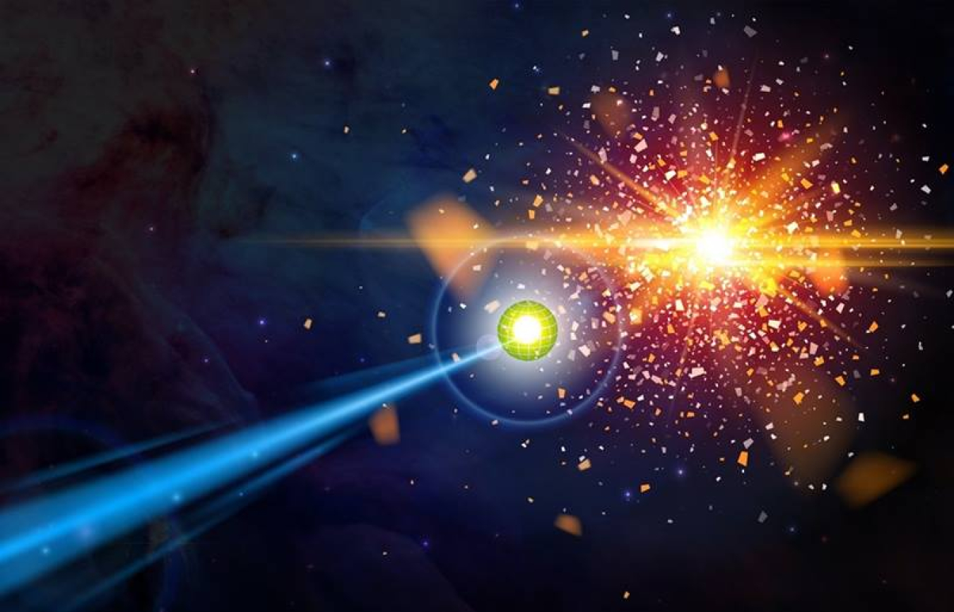 An illustration of a supernova explosion, which is where the type of reaction in the study occurs. An Aluminum-26 nucleus (green) escapes the explosion and subsequently decays via gamma-ray emission that can be observed by satellites.