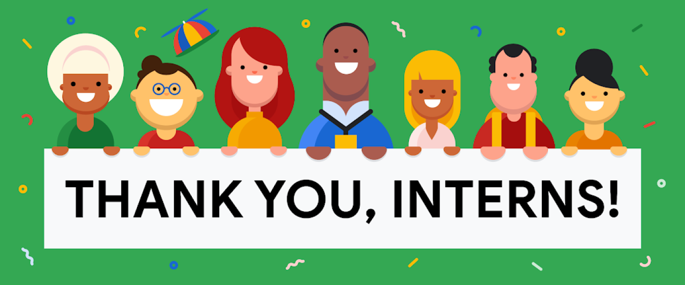 Animated people, holding a banner that says: "Thank you interns"
