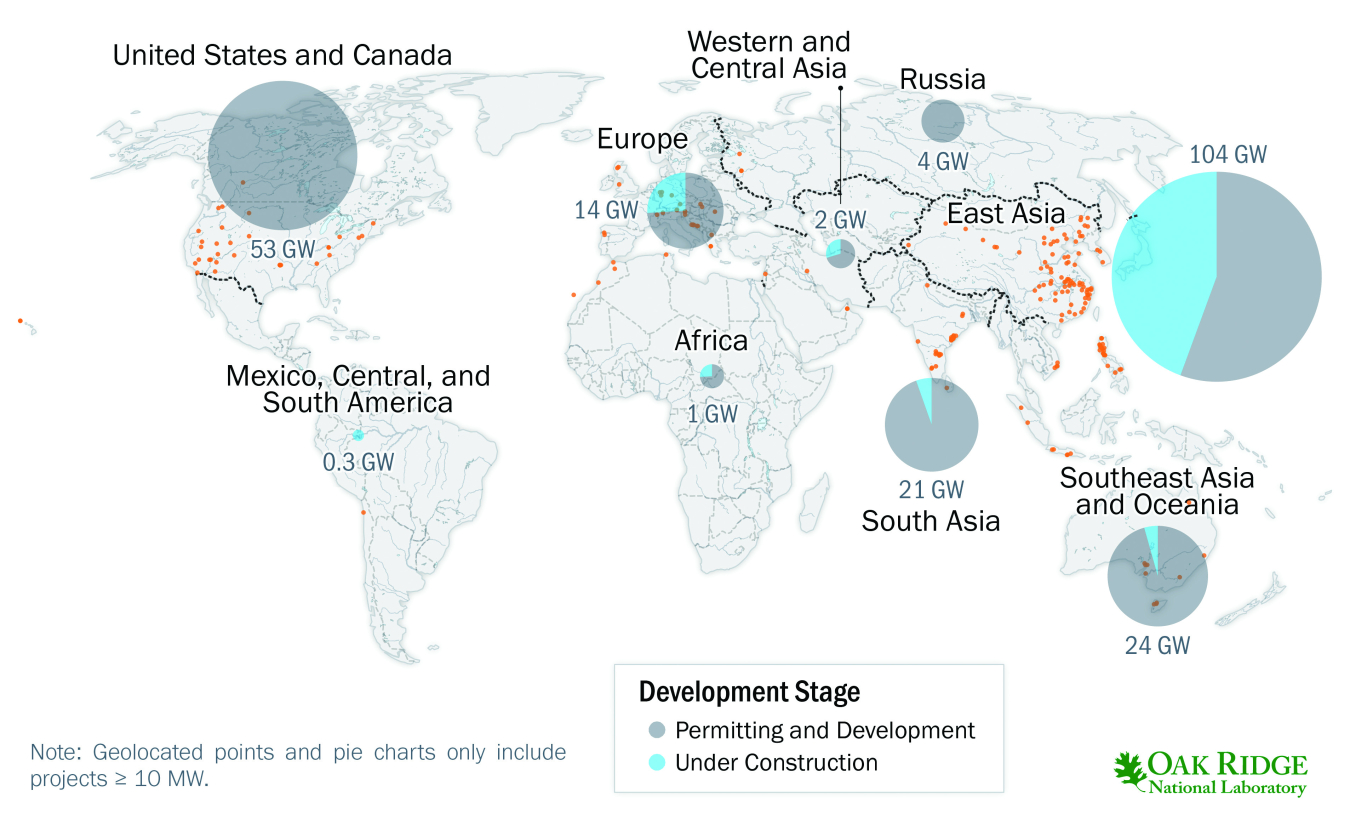 Map showing the 284 pumped storage hydropower projects producing a total of 226 GW of electricity