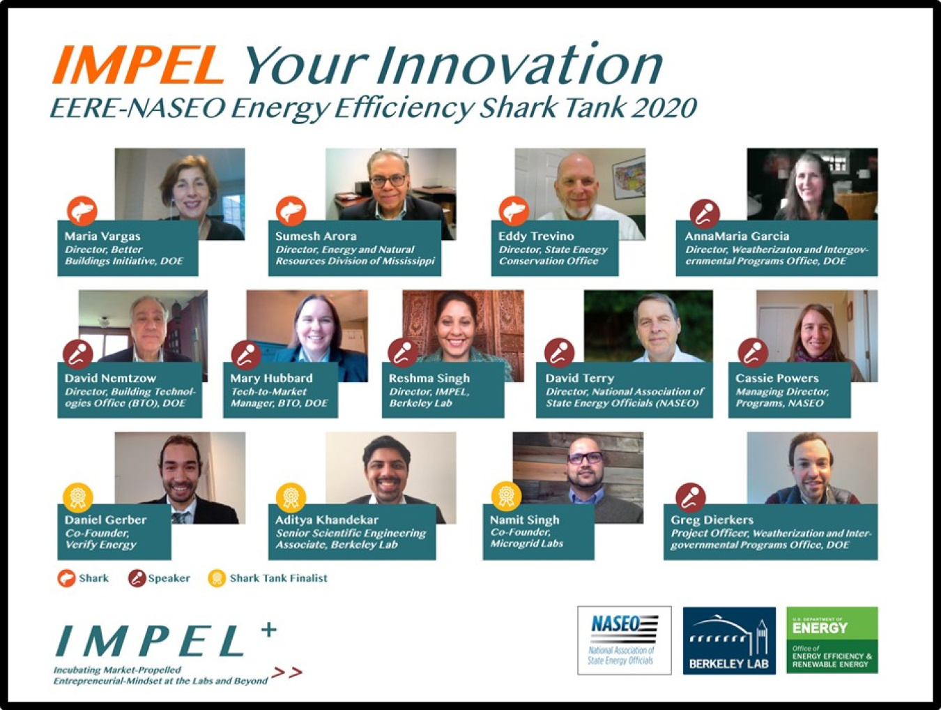 Screenshot: Photos of people with the headline "IMPEL Your Innovation, EERE-NASEO Energy Efficiency Shark Tank 2020."