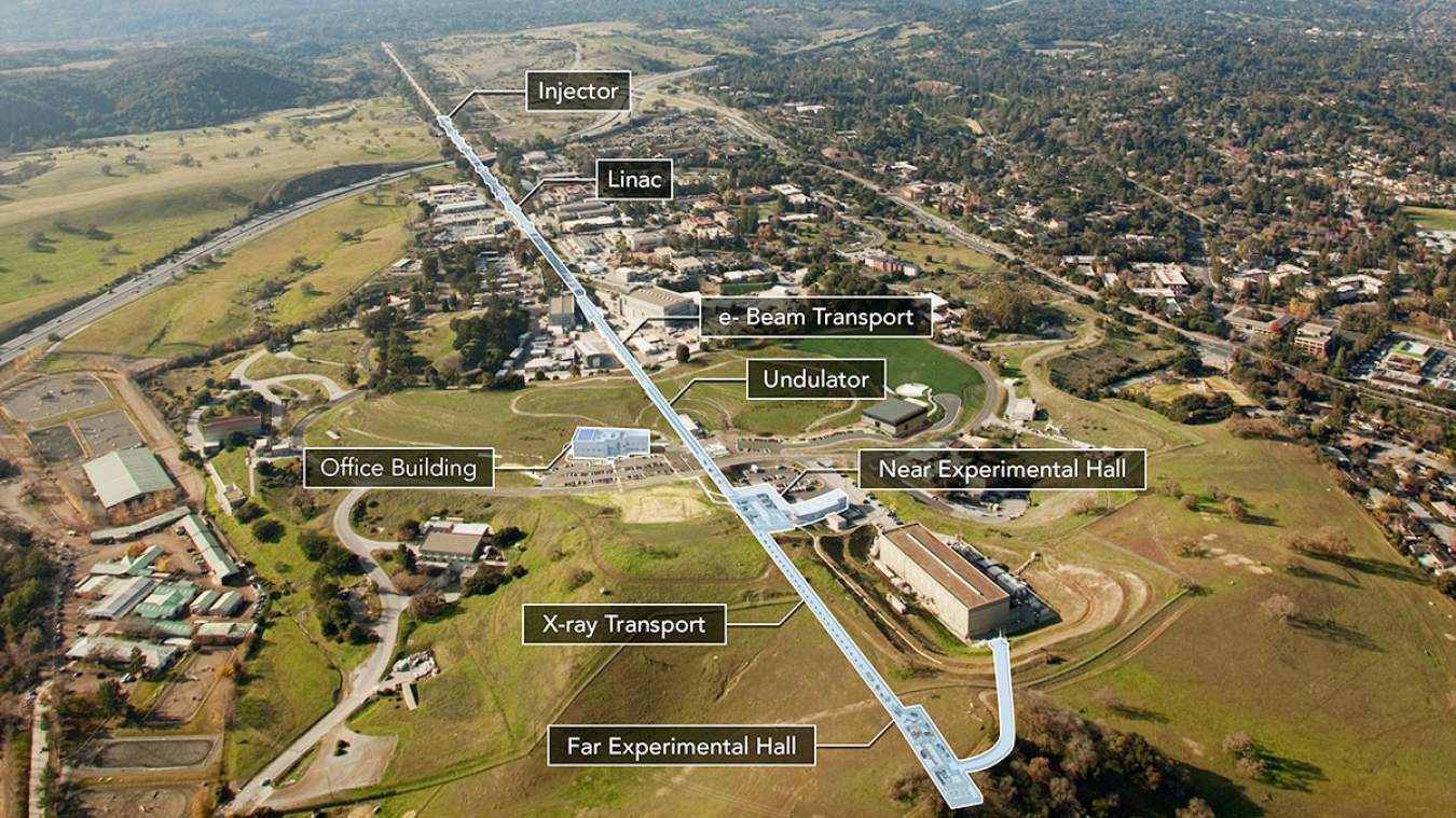 Aerial view of the Linac Coherent Light Source (LCLS) at SLAC National Accelerator Laboratory