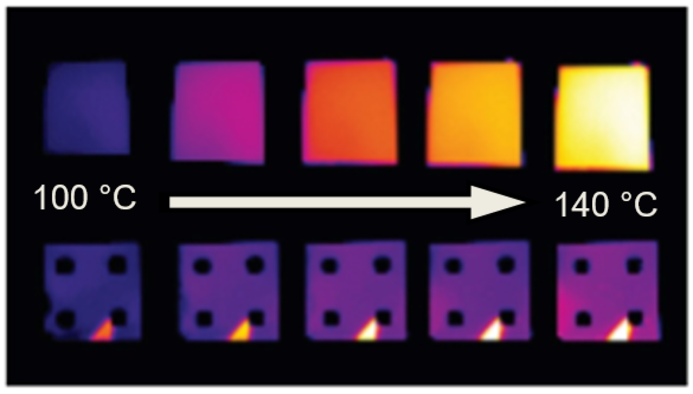 Thermal images of samples heated from 100 to 140 degrees C. The top row shows a material heating with increasing temperature. The bottom row shows the same material coated with ultrathin samarium nickel oxide films that cloak the thermal emission.