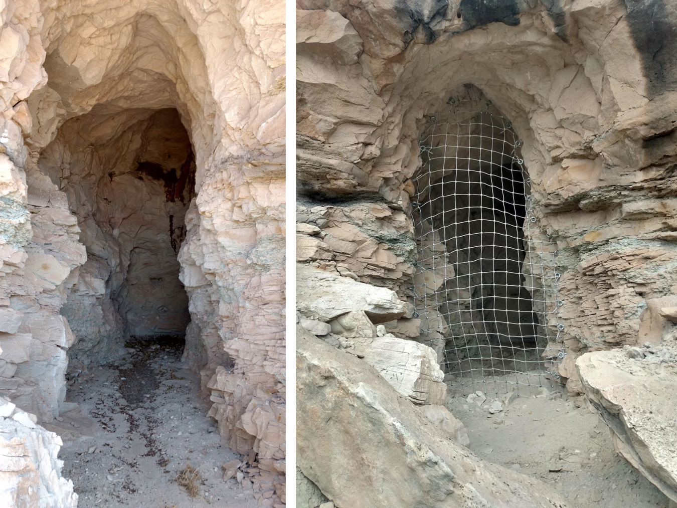 The “Birthday 1” mine before safeguarding (left), and after installation of protective netting (right).