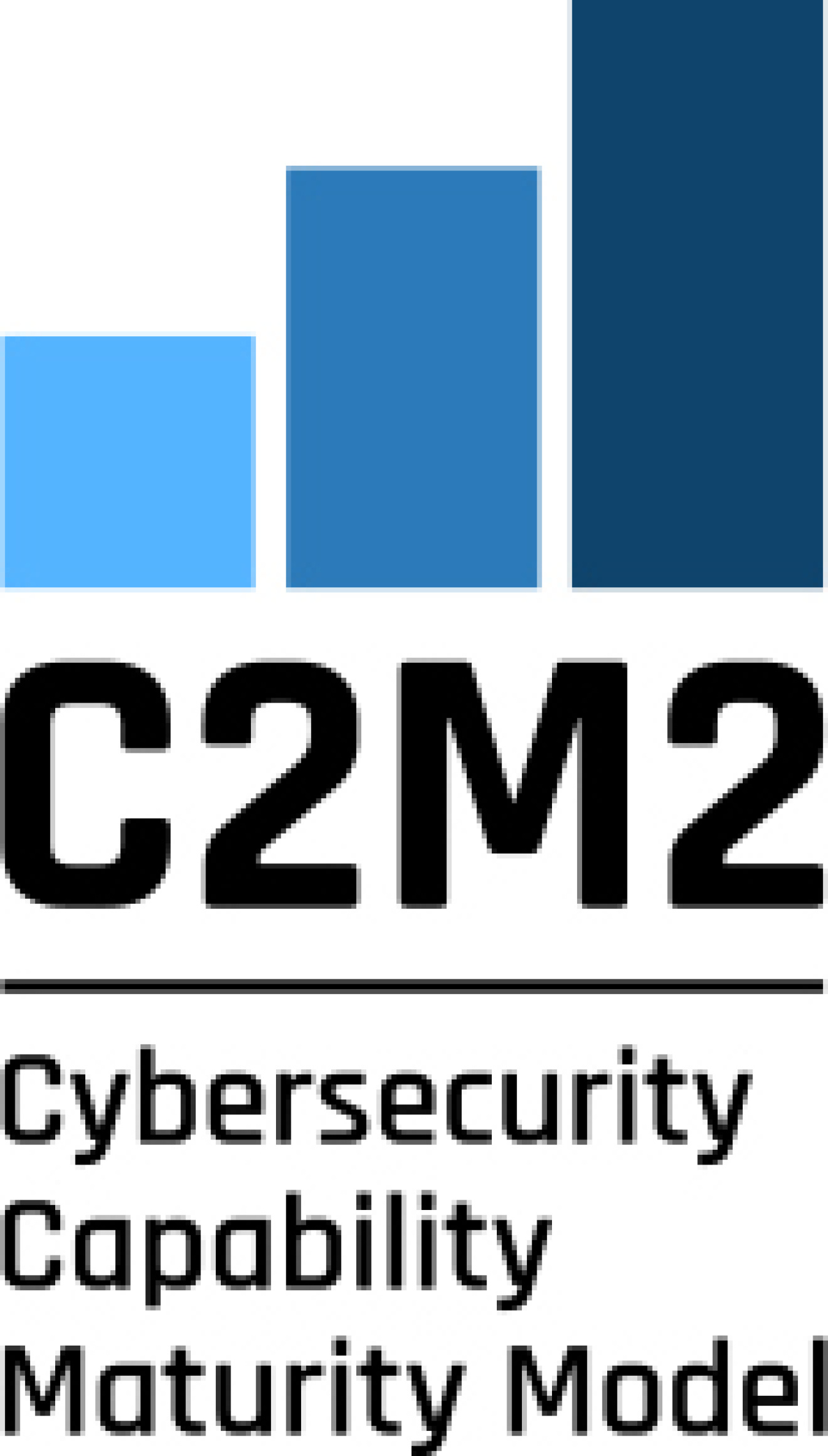 A logo for C2M2 which is three blue bars in a graph shape. It reads C2M2, Cybersecurity capability maturity model