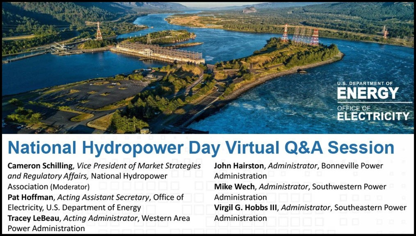 A picture of a dam and a list of the presenters for the DOE hydropower Q&A session