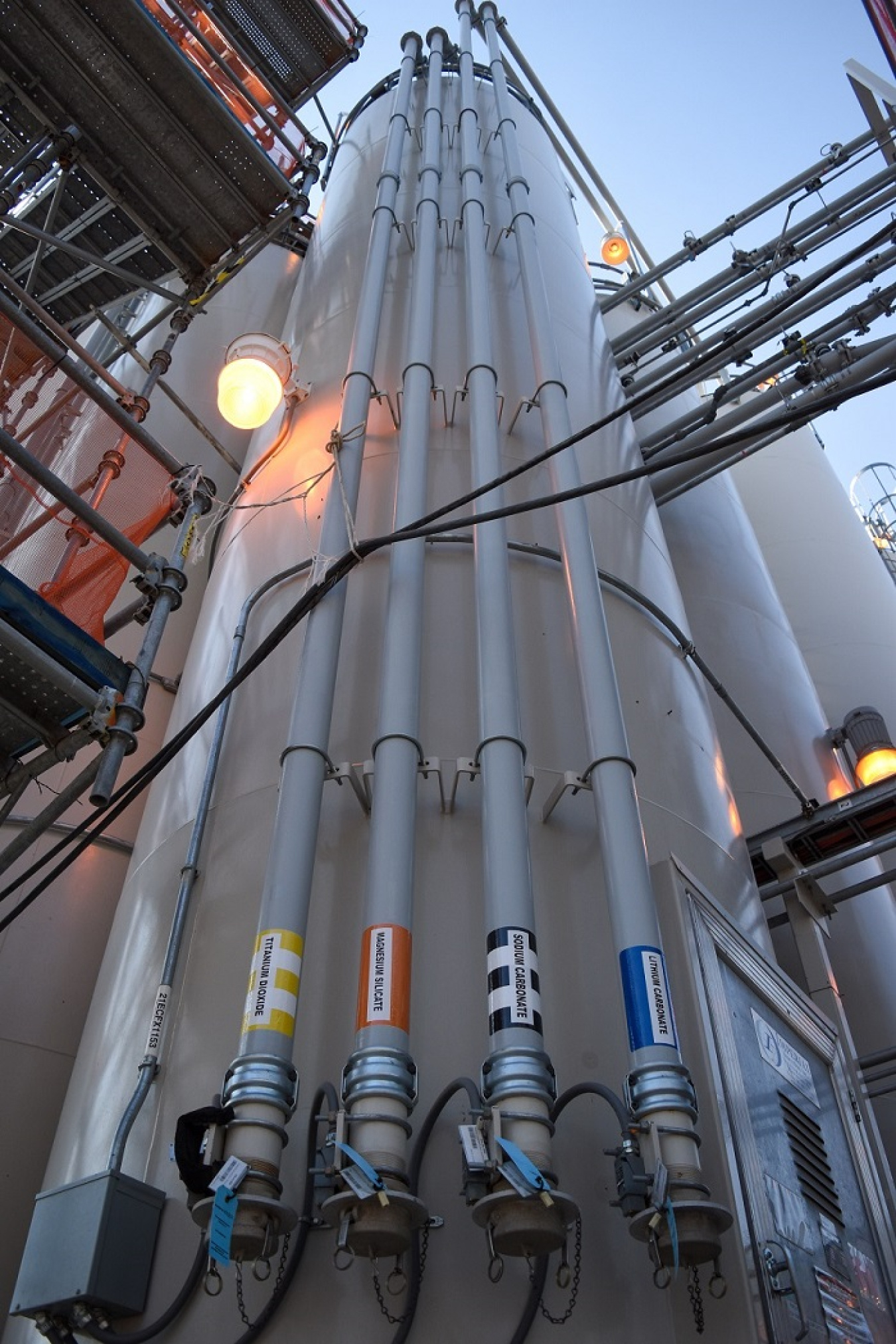 Silos like this one at the Hanford Site will store glass-forming materials. Labels on the pipes list some of the materials that will be used to turn contaminated waste into glass.
