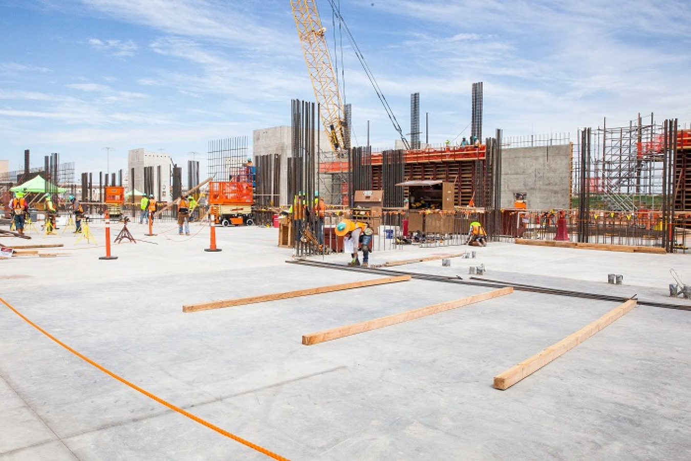 With the foundation concrete pour completed six weeks early, workers at the New Filter Building at the Waste Isolation Pilot Plant's (WIPP) Safety Significant Confinement Ventilation System are already erecting the walls of the 55,000 square-foot building. The ventilation system is key to restoring full operations at WIPP. It will be the largest containment ventilation system among DOE facilities and the largest construction project at WIPP in close to 30 years.