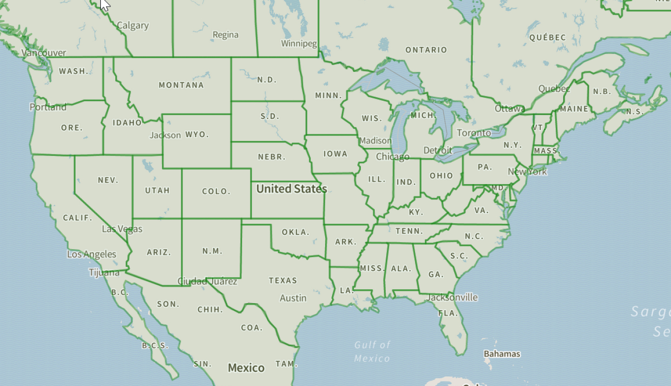 Map of the United States with each state outlined and labeled.