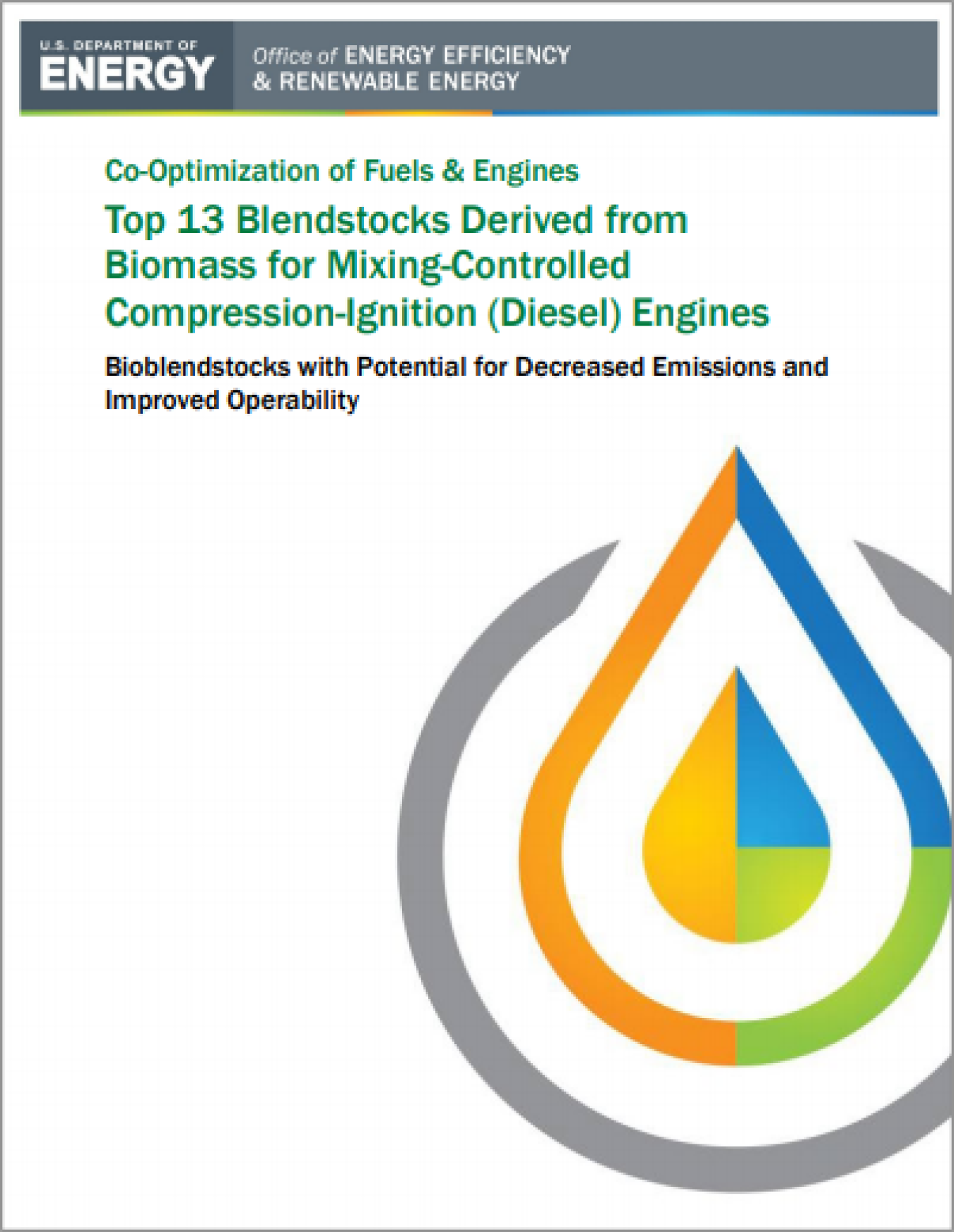 beto co-optima blendstocks report cover page - "Top 13 Blendstocks Derived from Biomass for Mixing-Controlled Compression-Ignition (Diesel) Engines: Bioblendstocks with Potential for Decreased Emissions and Increased Operability"