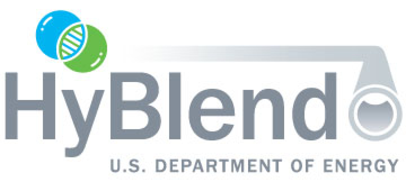 Grey text: HyBlend U.S. Department of Energy, with a blue and green circle interconnecting and a grey pipeline. 