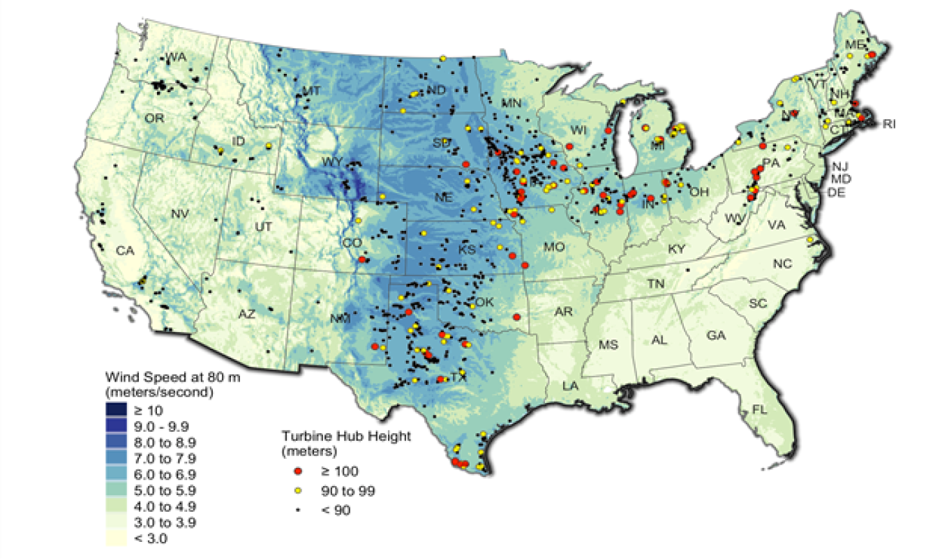 Location of tall-tower turbine installations from the Land-Based Wind Market Report: 2021 Edition