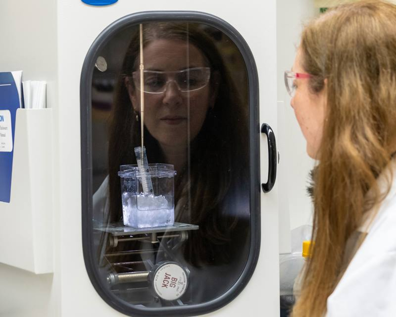 Researcher Sandra Davern looks at non-radioactive metal ions enclosed in biodegradable polymers in her lab at Oak Ridge National Laboratory. Her work is paving the way for enclosing isotopes in the same polymers for targeted treatment of cancer cells. 