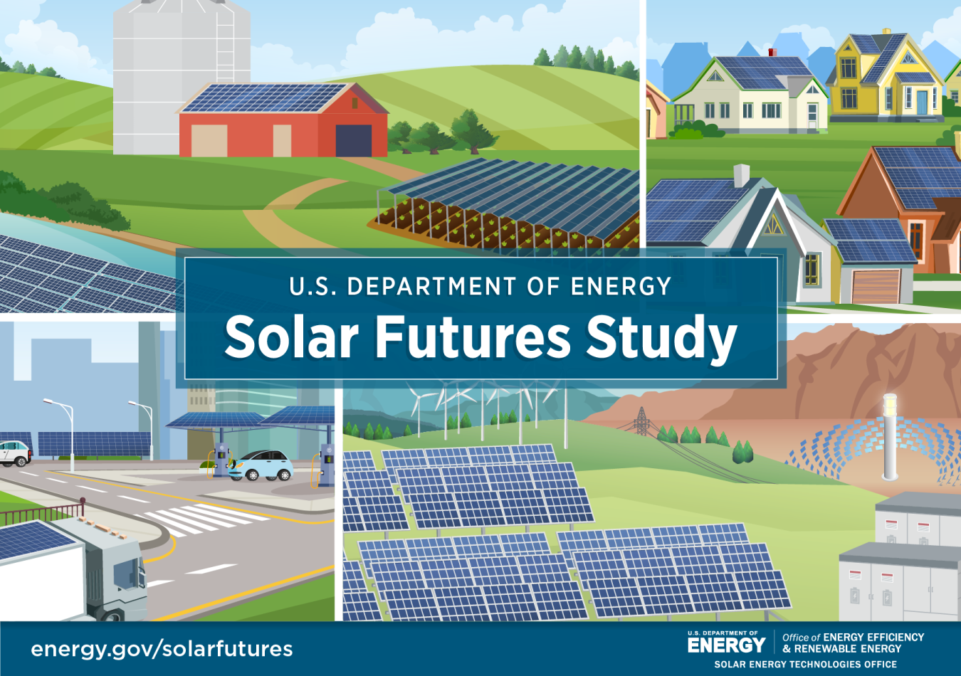Graphic depicting solar panels in a variety of locations and uses with "Solar Futures Study" written over the top