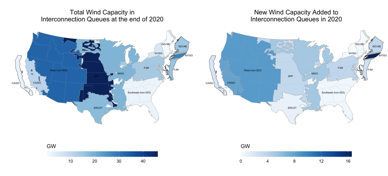 Two maps of the United States. One shows the total wind capacity in interconnection queues at the end of 2020, measured in gigawatts. The other shows new wind capacity added to interconnection queues in 2020, measured in gigawatts.