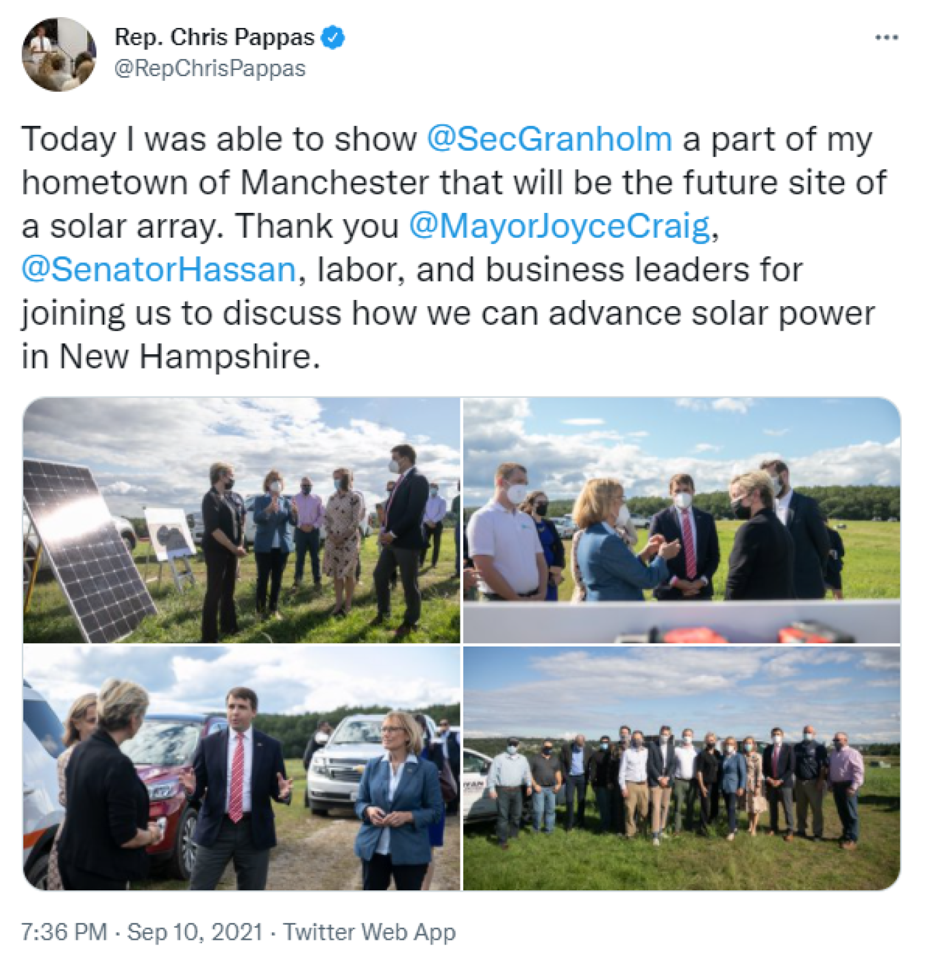Today I was able to show @SecGranholm a part of my hometown of Manchester that will be the future site of a solar array. Thank you @MayorJoyceCraig, @SenatorHassan, labor, and business leaders for joining us to discuss how we can advance solar power in New Hampshire.