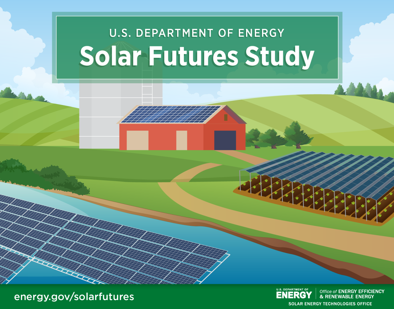 Graphic depicting solar panels floating on water and suspended over farmland