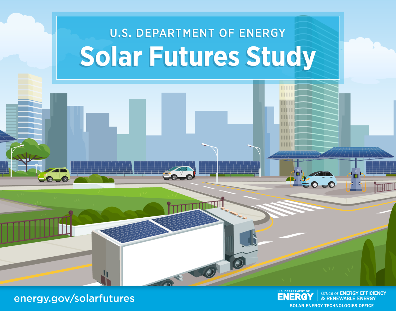 Graphic depicting solar panels on trucks, electric vehicle charging stations, and buildings