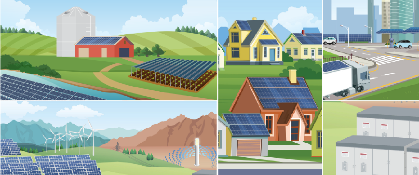 Illustrations of solar panels in different locations