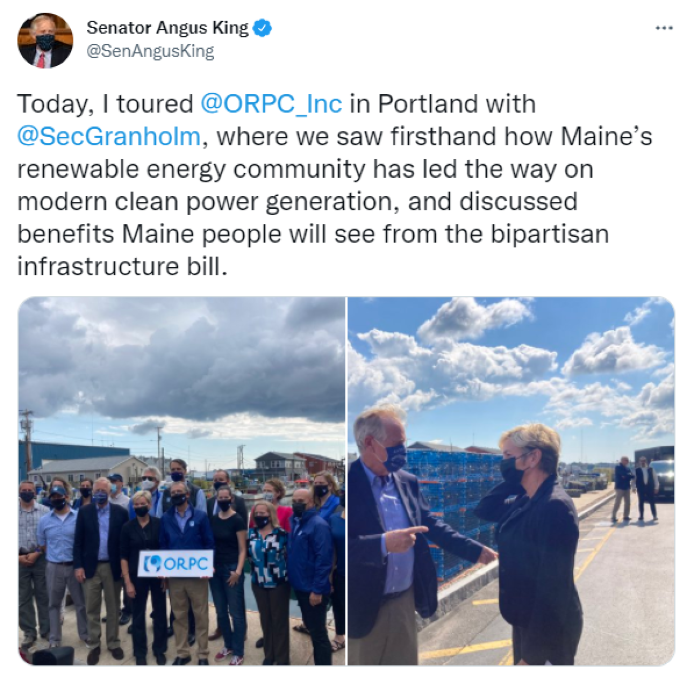 Sen. Angus King: Today, I toured @ORPC_Inc in Portland with @SecGranholm, where we saw firsthand how Maine’s renewable energy community has led the way on modern clean power generation, and discussed benefits Maine people will see from the bipartisan infrastructure bill.