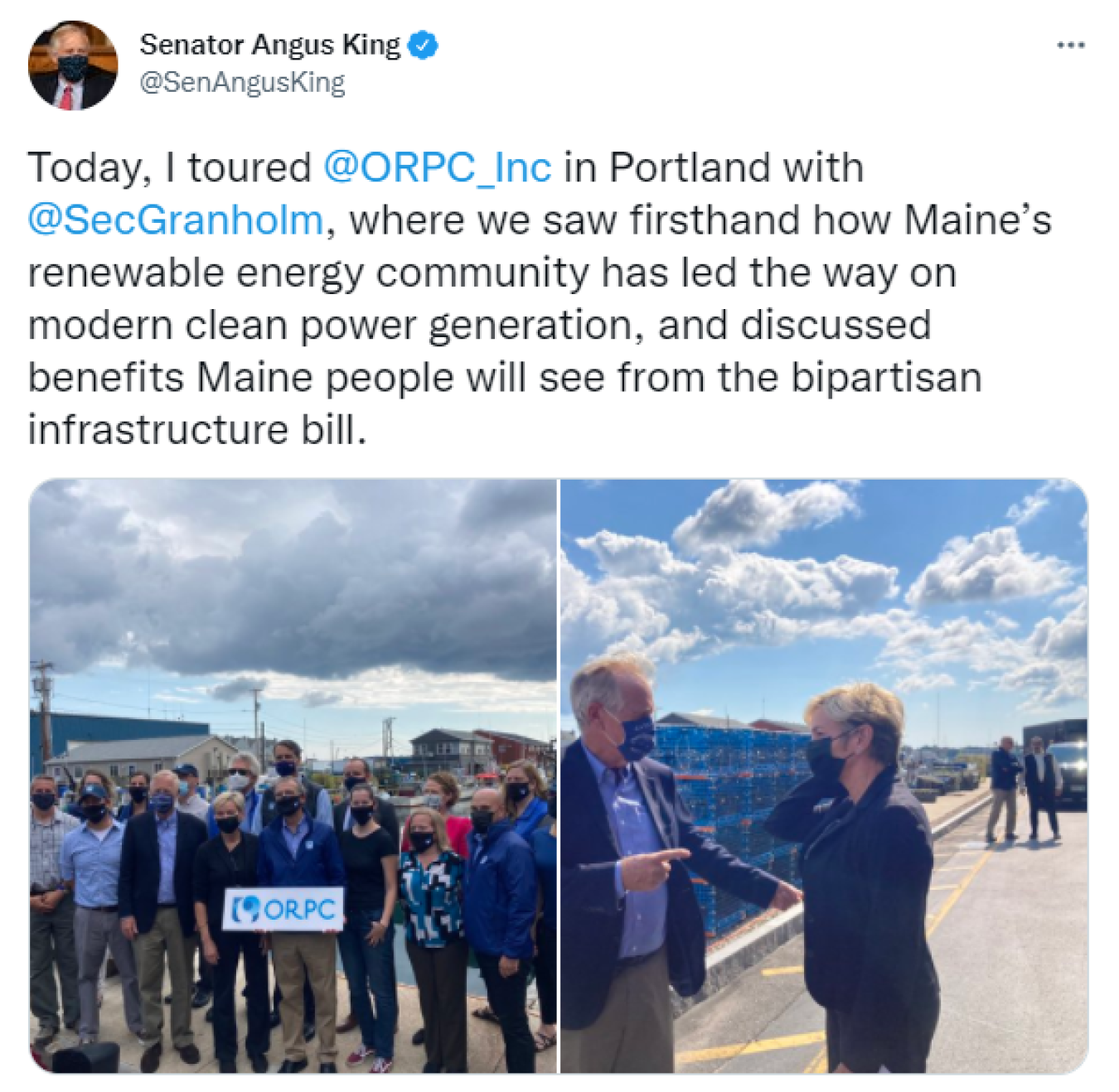 Sen. Angus King: Today, I toured @ORPC_Inc in Portland with @SecGranholm, where we saw firsthand how Maine’s renewable energy community has led the way on modern clean power generation, and discussed benefits Maine people will see from the bipartisan infrastructure bill. 