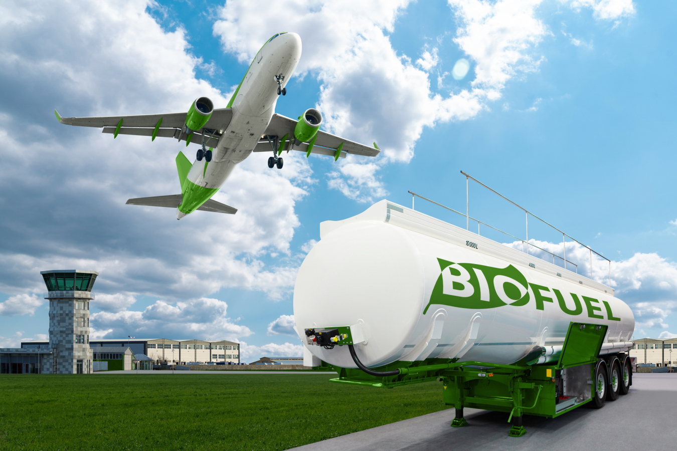 An airplane flying, with a trailer of biofuel in the foreground. 