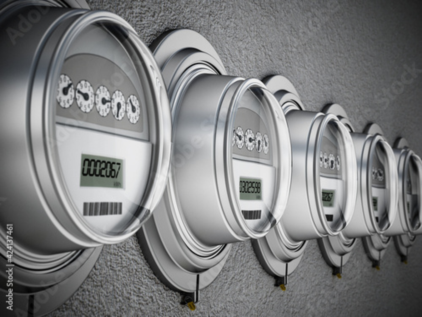 Energy-efficient smart electric meters in a row. 3D illustration.