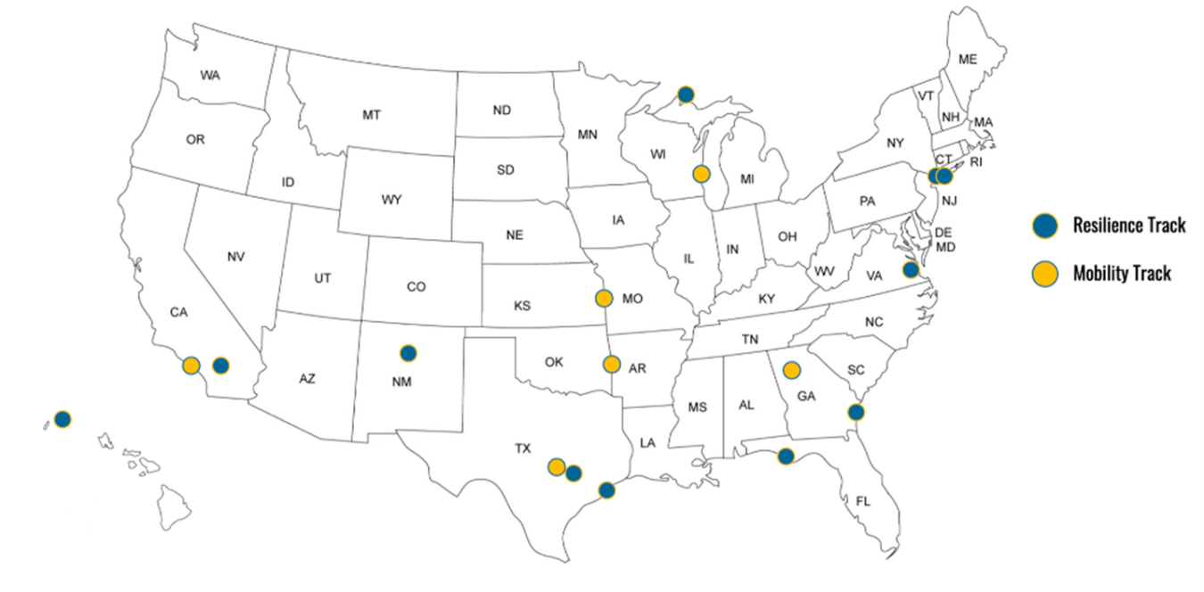 Map of the United States showing the locations of partnerships addressing mobility and resilience track priorities.