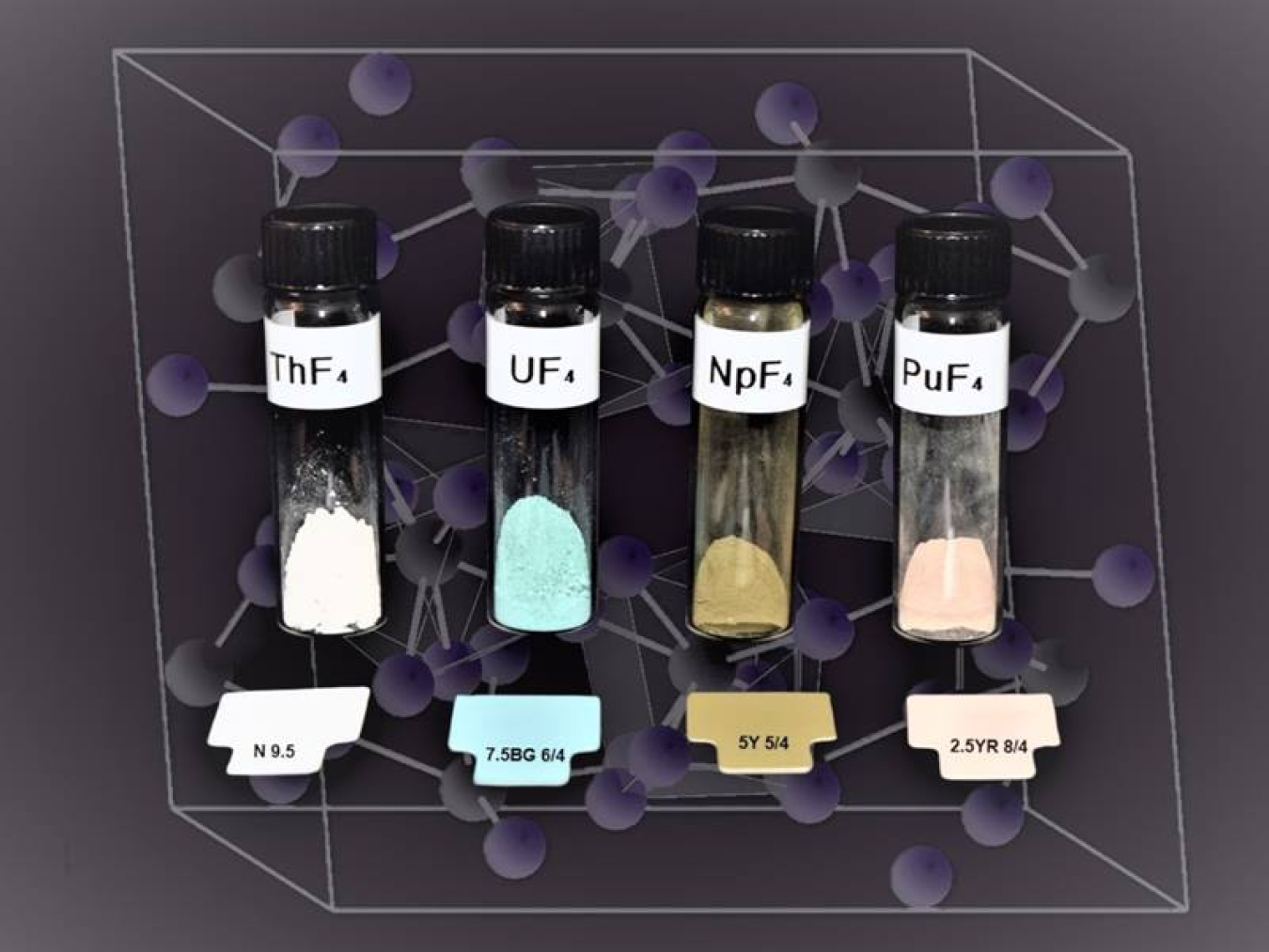 Actinide tetrafluoride powders of thorium, uranium, neptunium, and plutonium display a range of colors, hinting at the variability in their electronic structures. Color swatches shown here are labeled according to the Munsell system.