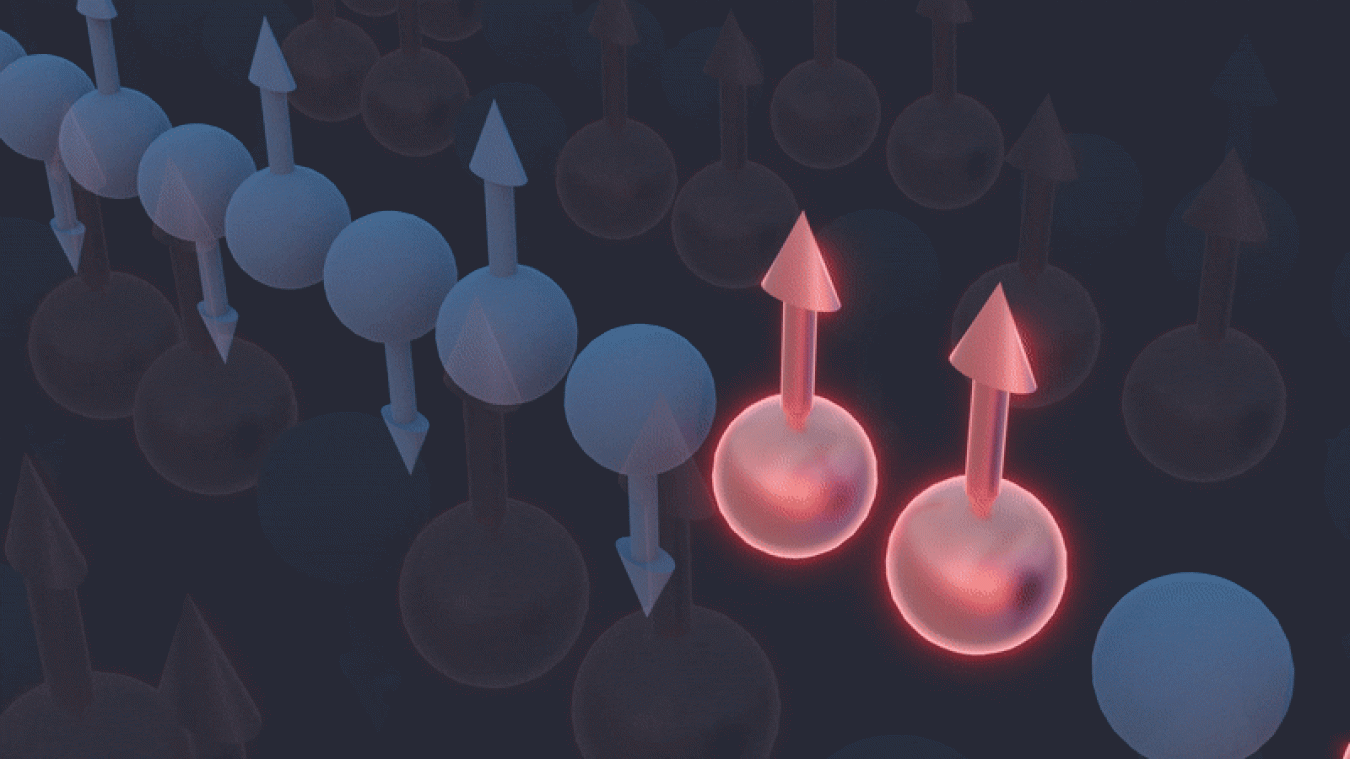 When quasiparticles cluster together, they cause spin chains in a quantum system to undergo a collective twisting motion. In this animation, neighboring spins in red point upward because of this motion, while their peers in blue alternate direction.