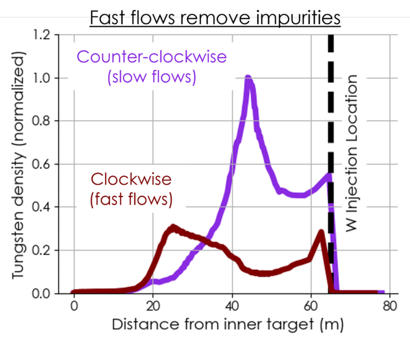 Simulation results showing tungsten density at the interface of the plasma’s edge and core for both magnetic field directions. Fast flows that often occur in the clockwise magnetic field direction reduce the accumulation of tungsten impurities.