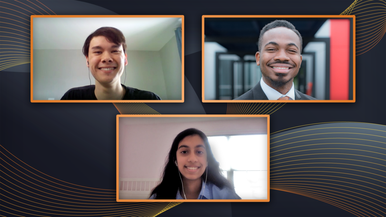 Interns clockwise, from left: Miles Kim, a SULI student; Erron Williams, an undergraduate engineering intern; and Lasya Balachandran, a high school intern.