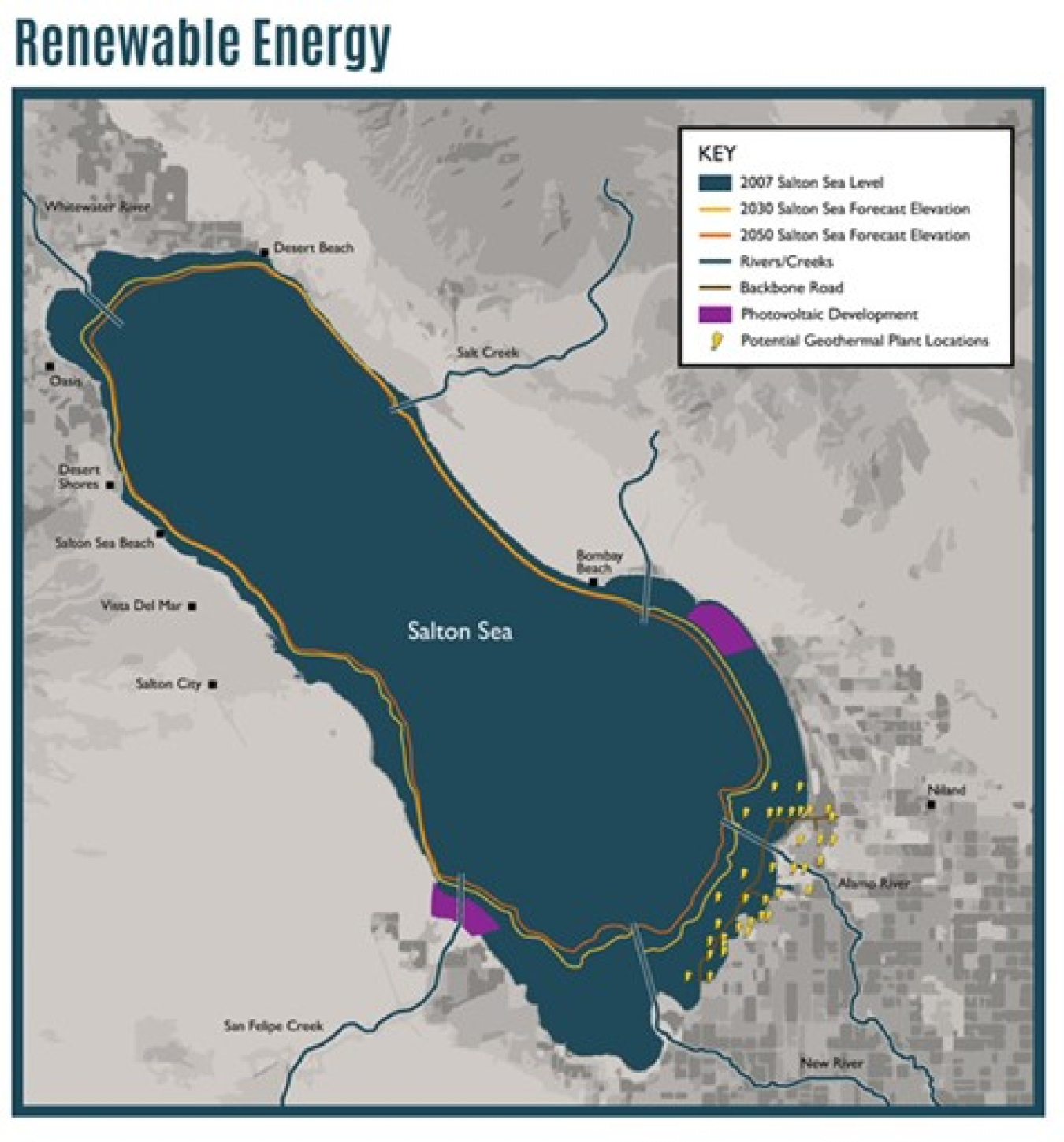 Las plantas de energía geotérmica actuales y potenciales se concentran a lo largo de la costa sureste del Mar de Salton, en el sur de California. Estas ubicaciones coinciden con altas concentraciones de litio y otros materiales críticos. A medida que el Mar de Salton continúa retrocediendo, el potencial aumenta para expandir las operaciones geotérmicas y capturar mayores cantidades de minerales.