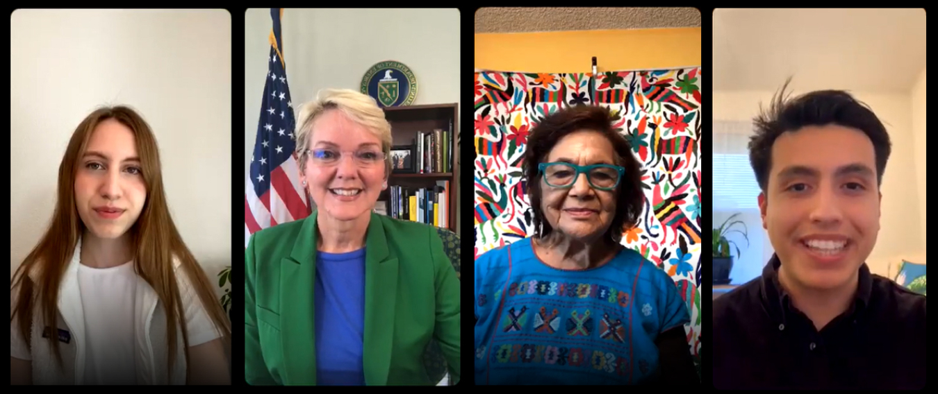 A picture of four people smiling during an Instagram Live event. From left to right: Alexandria Villasenor, Secretary Jennifer Granholm, Dolores Huerta, and Isaias Hernandez.