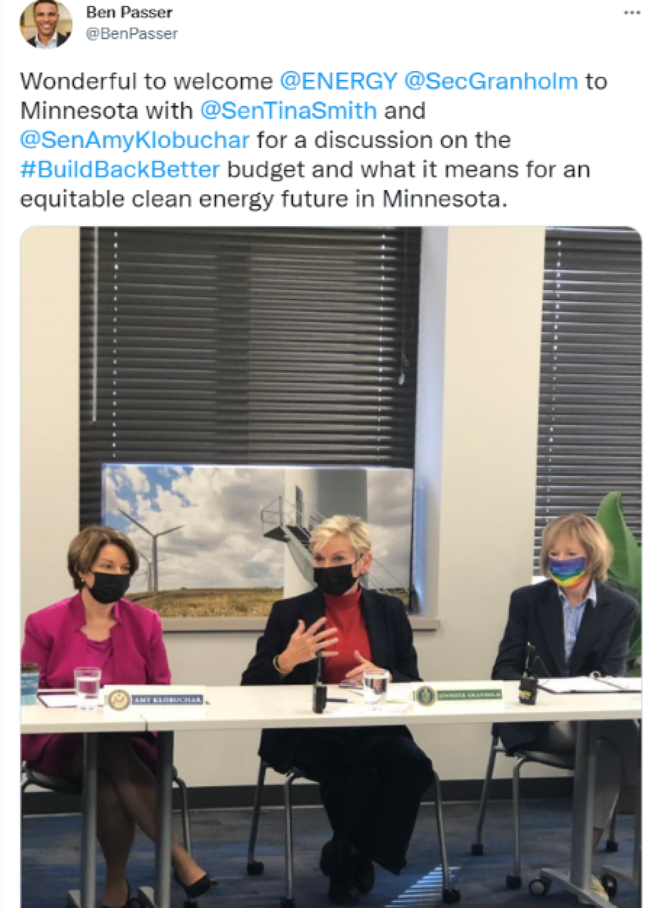 Ben Passer: Wonderful to welcome @ENERGY @SecGranholm to Minnesota with @SenTinaSmith and @SenAmyKlobuchar for a discussion on the #BuildBackBetter budget and what it means for an equitable clean energy future in Minnesota.