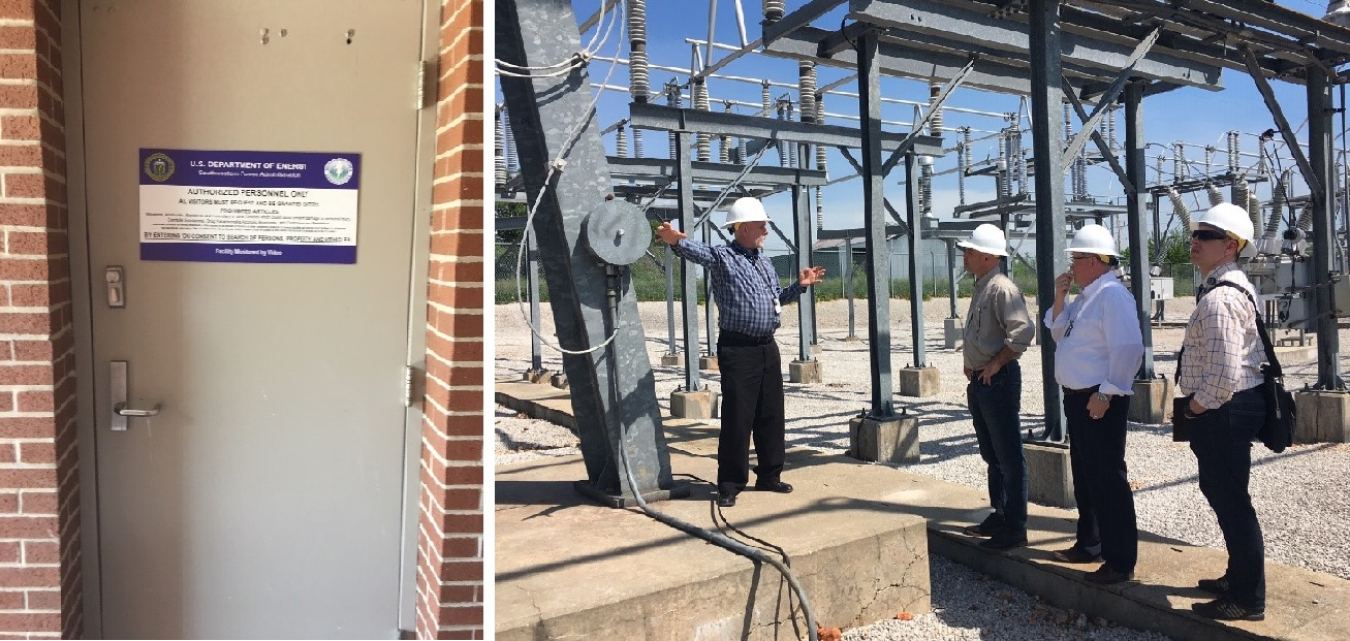 Left – The physical security at the Nixa Control Center is considerable. Right – Doug Johnson discusses communications and protection of Southwestern’s OTS with the DOE visitors.