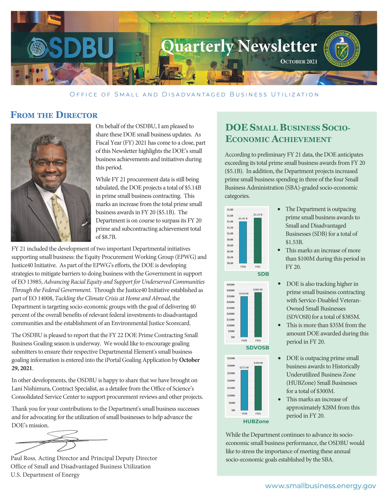 Front page of OSDBU Quarterly Newsletter Q4 FY 2021