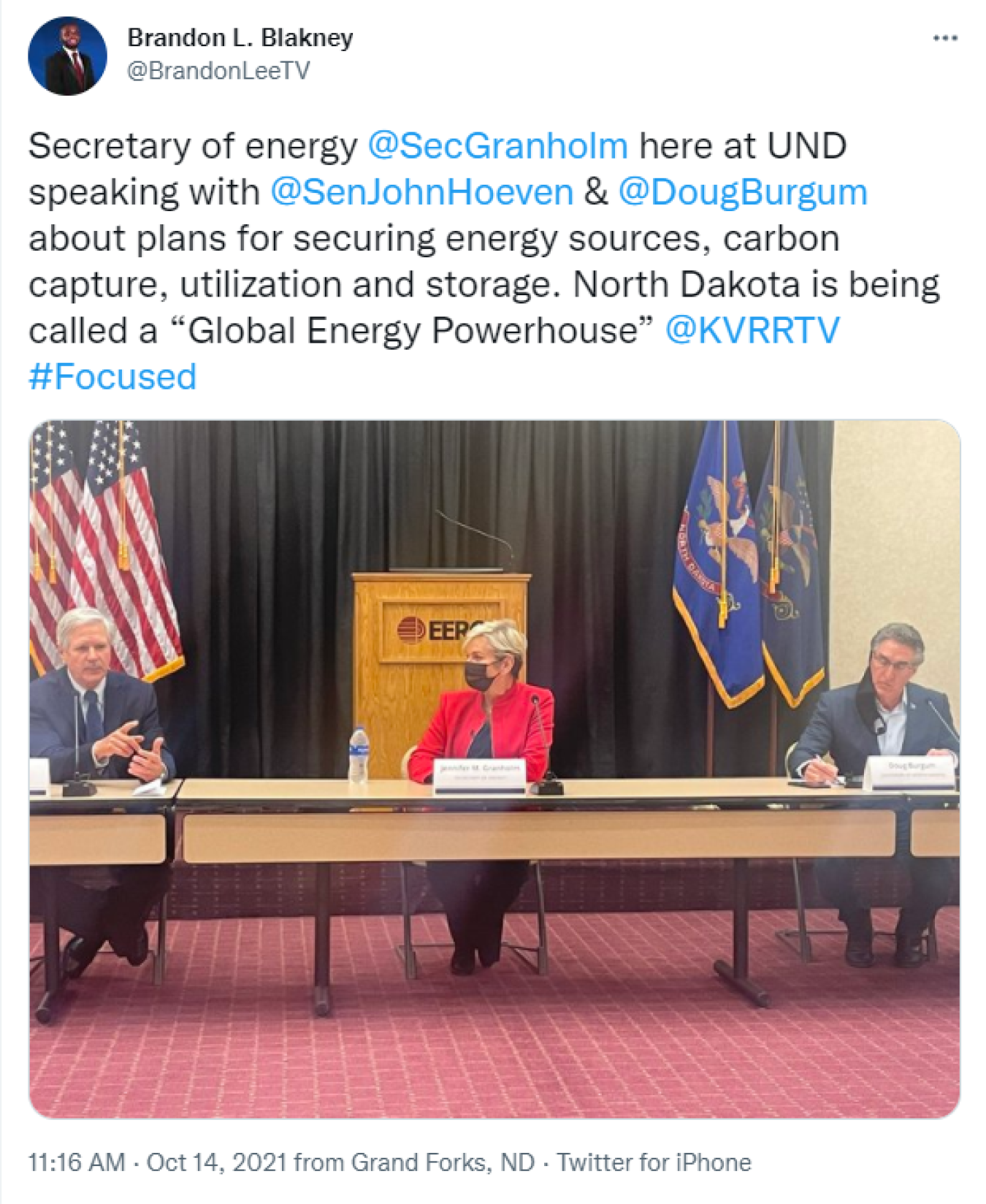 Brandon Blakney: Secretary of energy @SecGranholm here at UND speaking with @SenJohnHoeven & @DougBurgum about plans for securing energy sources, carbon capture, utilization and storage. North Dakota is being called a “Global Energy Powerhouse” @KVRRTV #Focused