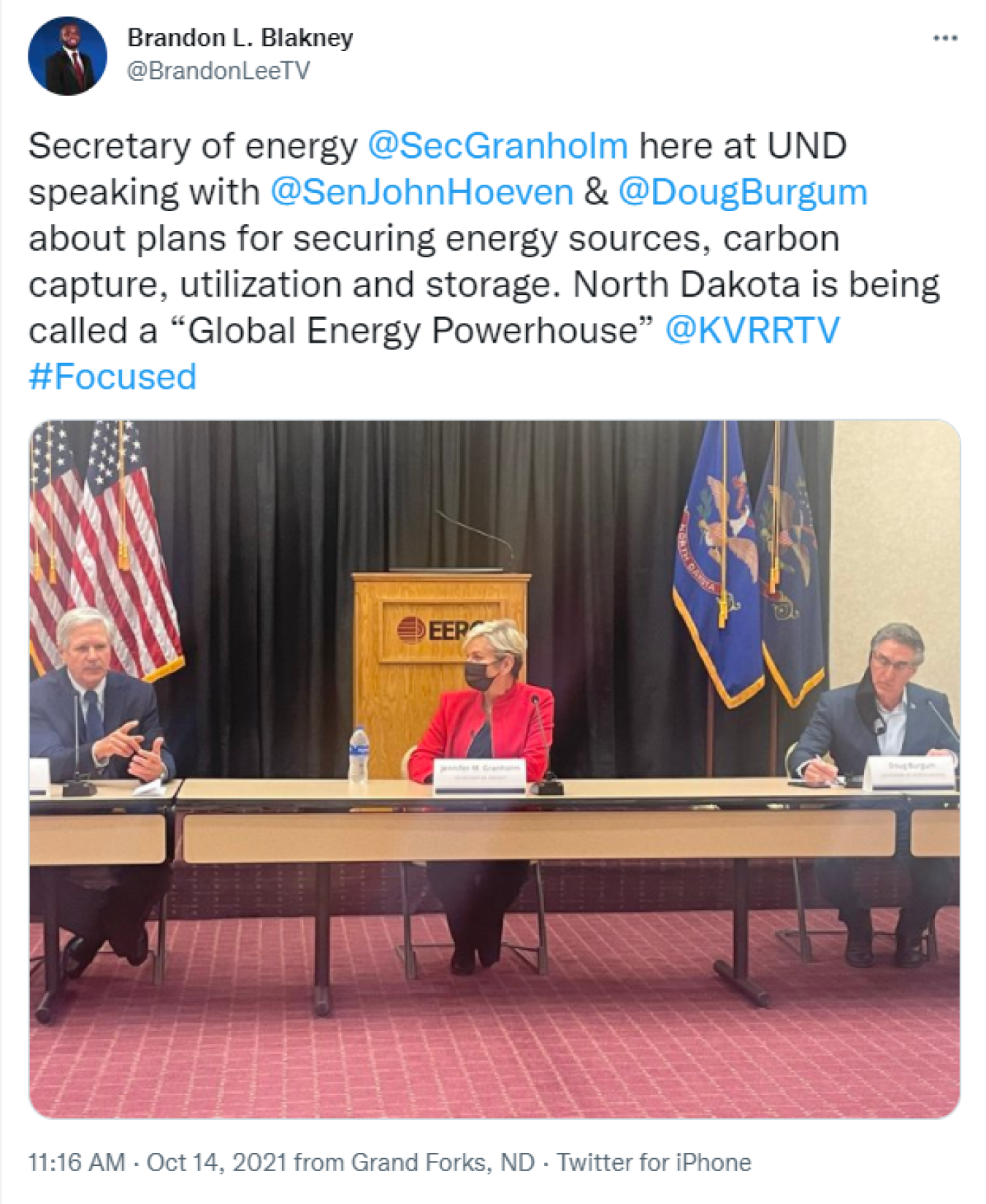 Brandon Blakney: Secretary of energy @SecGranholm here at UND speaking with @SenJohnHoeven & @DougBurgum about plans for securing energy sources, carbon capture, utilization and storage. North Dakota is being called a “Global Energy Powerhouse” @KVRRTV #Focused 