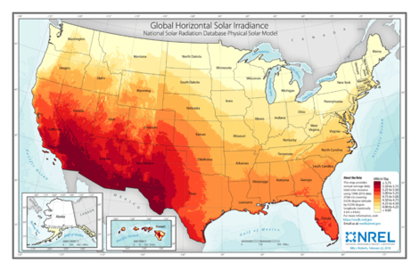 A data map of the United States showing the average daily total solar resource.