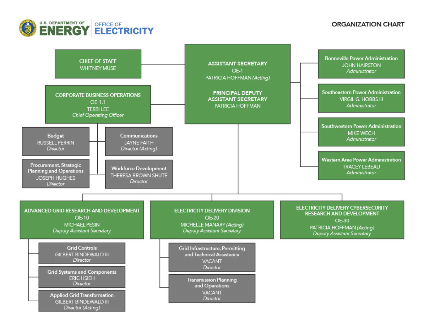 This is a organizational chart of the OE. This chart illustrates the leadership structure from Assistant Secretary Patricia Hoffman downward.