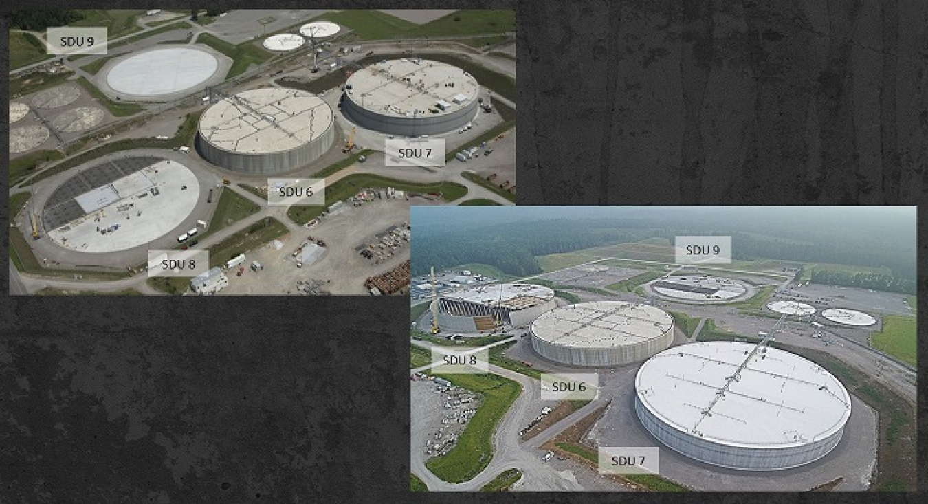 EM has made substantial progress in Saltstone Disposal Unit (SDU) construction in the last year at the Savannah River Site (SRS). At top left is the SDU landscape at SRS in September 2020; immediately above is the SDU landscape at SRS in August 2021.