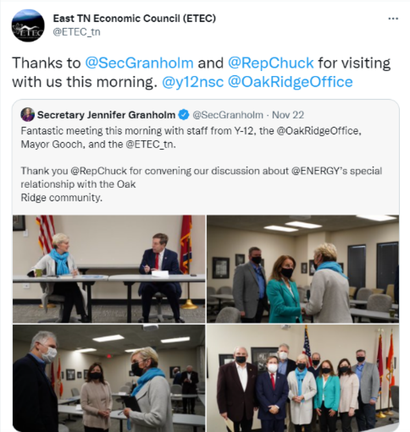 East TN Economic Council: Thanks to @SecGranholm and @RepChuck for visiting with us this morning. @y12nsc @OakRidgeOffice