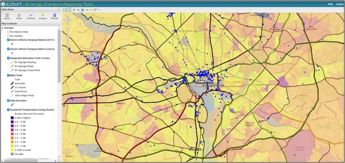 Energy Zones Mapping Tool example interface with existing EVSE stations, designated alternative fuel corridors, major roads, and household transportation energy burden in the Washington, DC area.